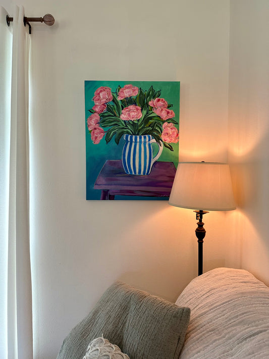 She Brings Flowers, Original Acrylic + Oil Pastel