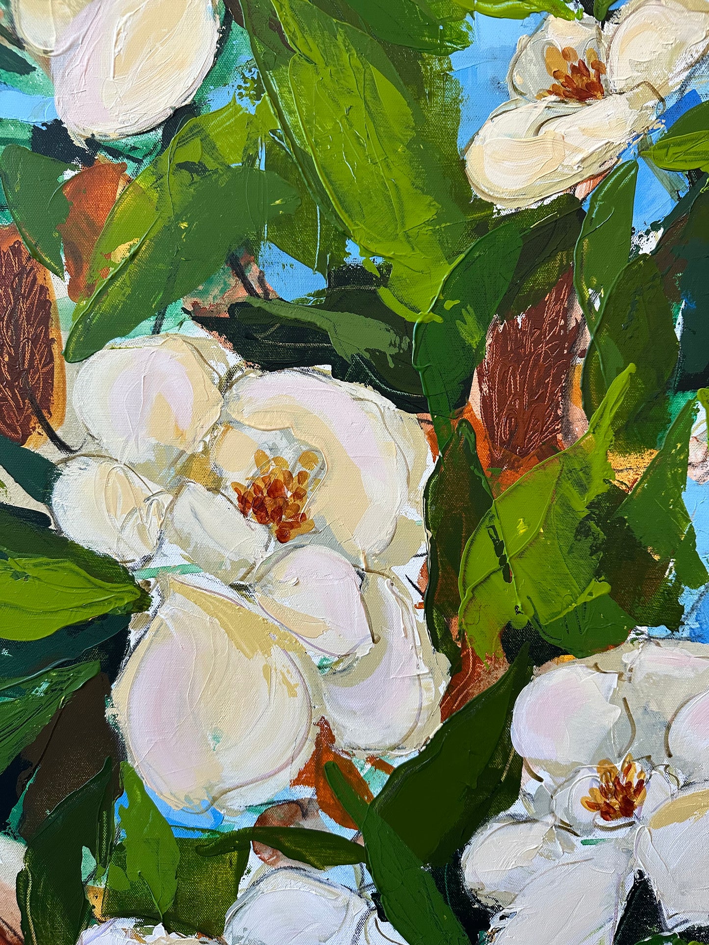The Warmth of June, Original Mixed Media on Canvas of Magnolia Blooms