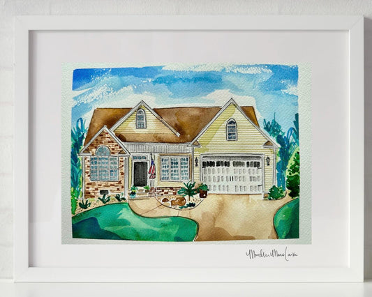 Custom Home Portrait in Watercolor & Ink