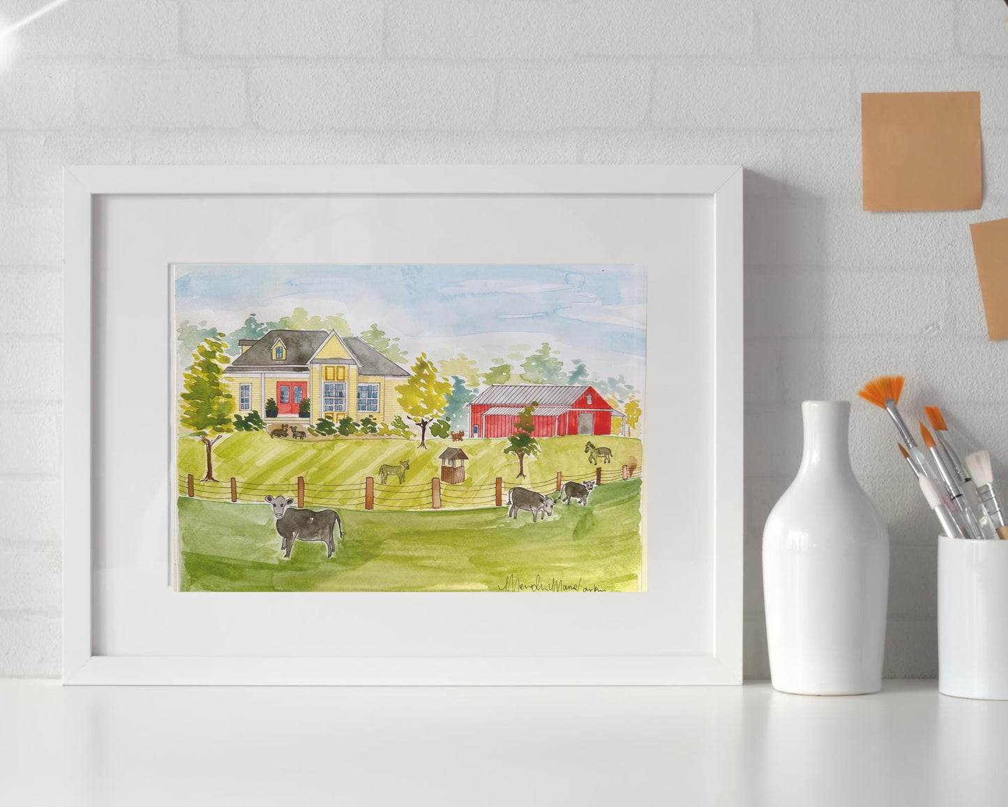 Custom Home Portrait in Watercolor & Ink
