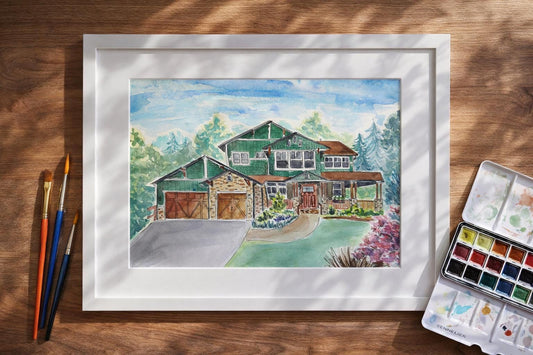 Custom Home Portrait in Watercolor & Ink