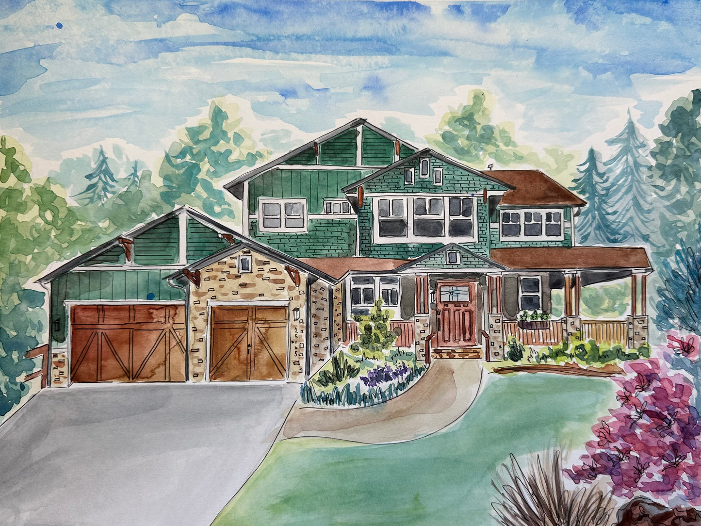 Custom Home Portrait in Watercolor & Ink