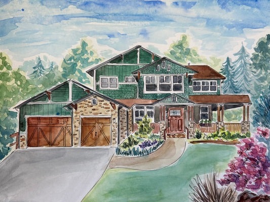 Custom Home Portrait in Watercolor & Ink