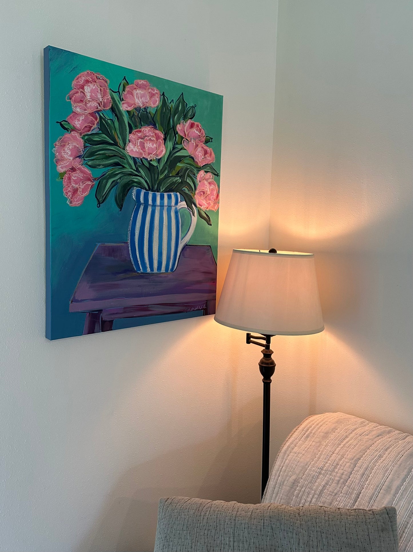 She Brings Flowers, Original Acrylic + Oil Pastel