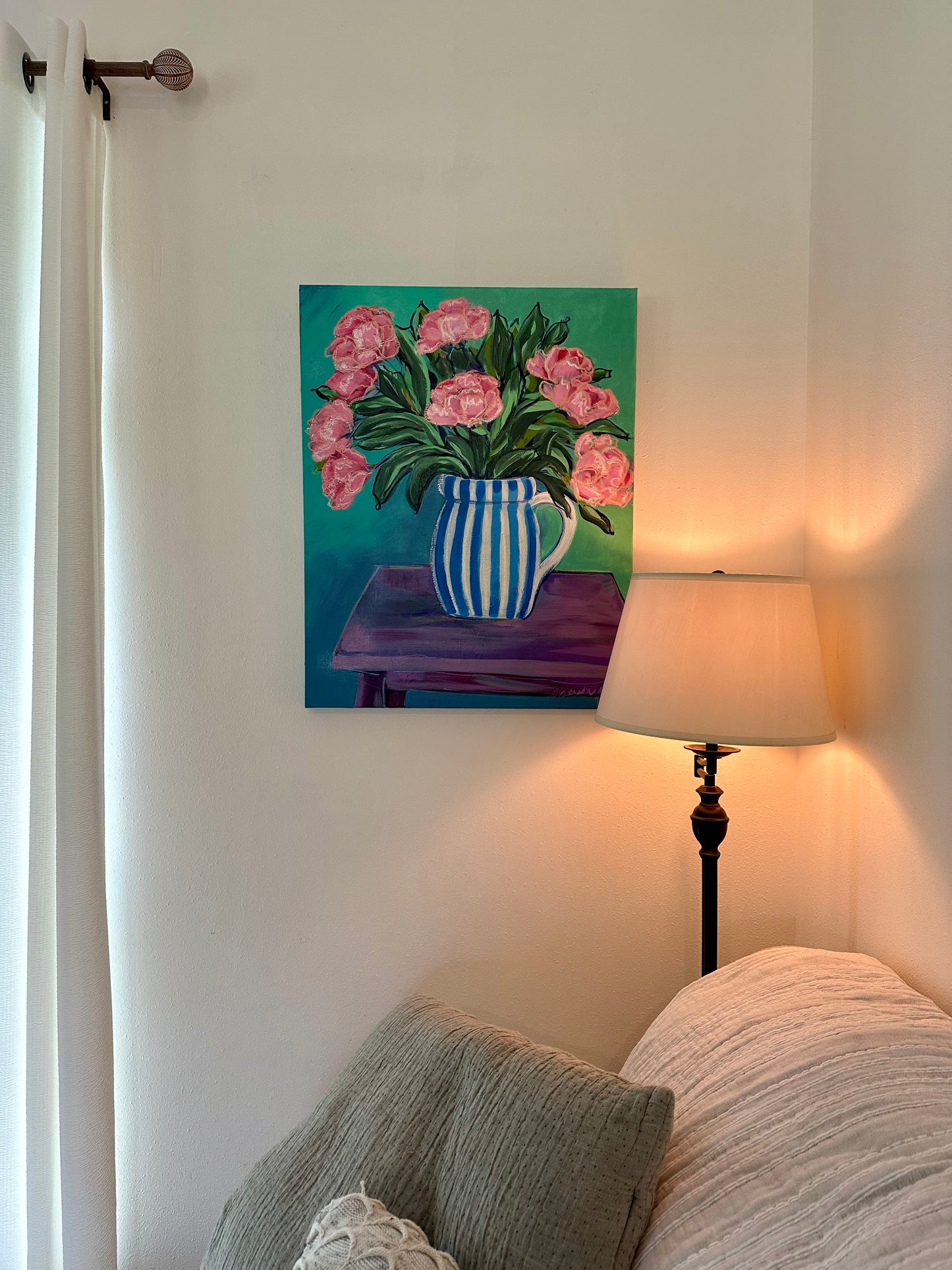 She Brings Flowers, Original Acrylic + Oil Pastel