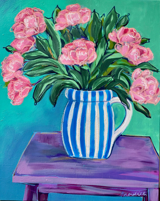 She Brings Flowers, Original Acrylic + Oil Pastel