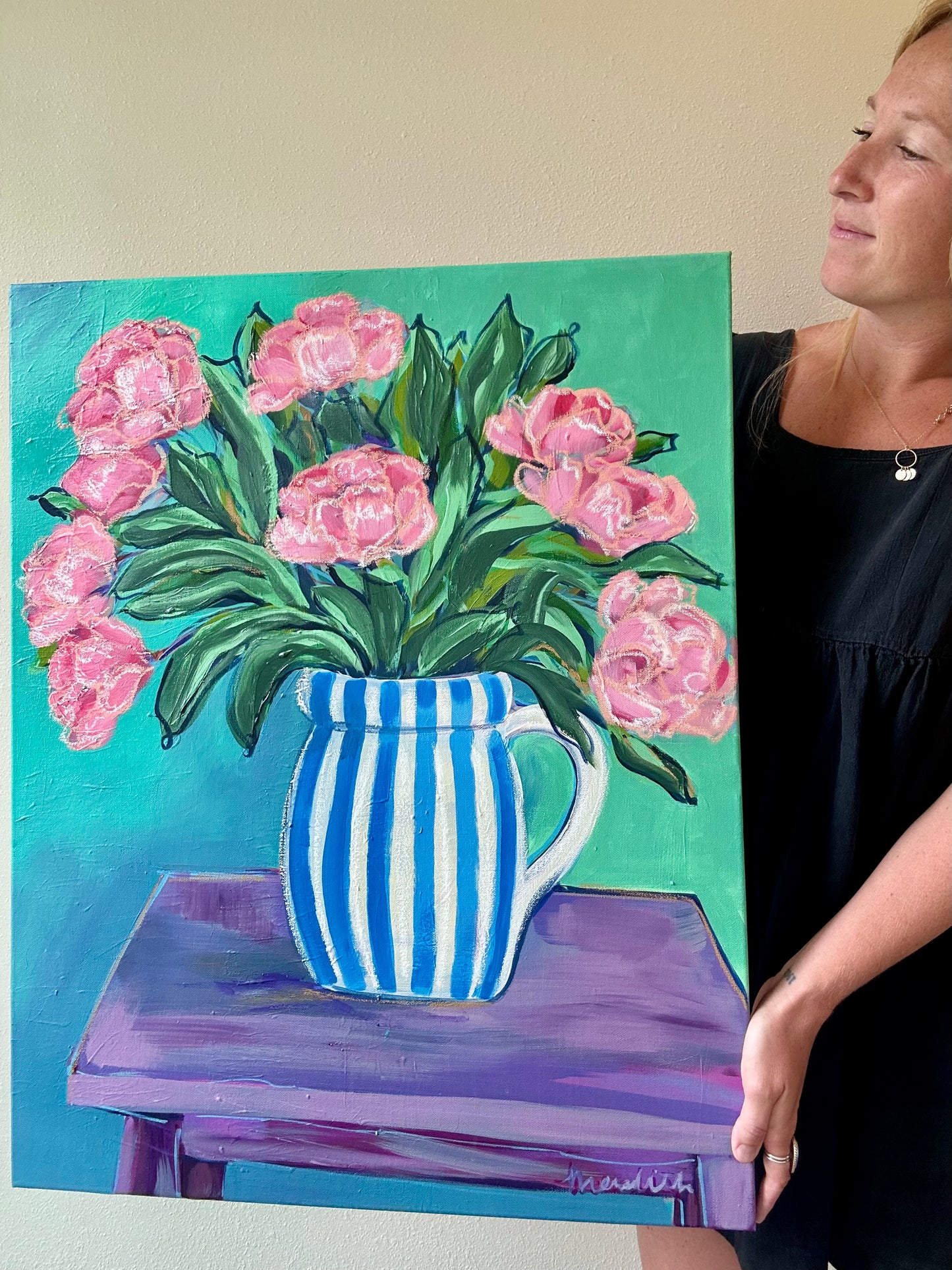 She Brings Flowers, Original Acrylic & Oil Pastel