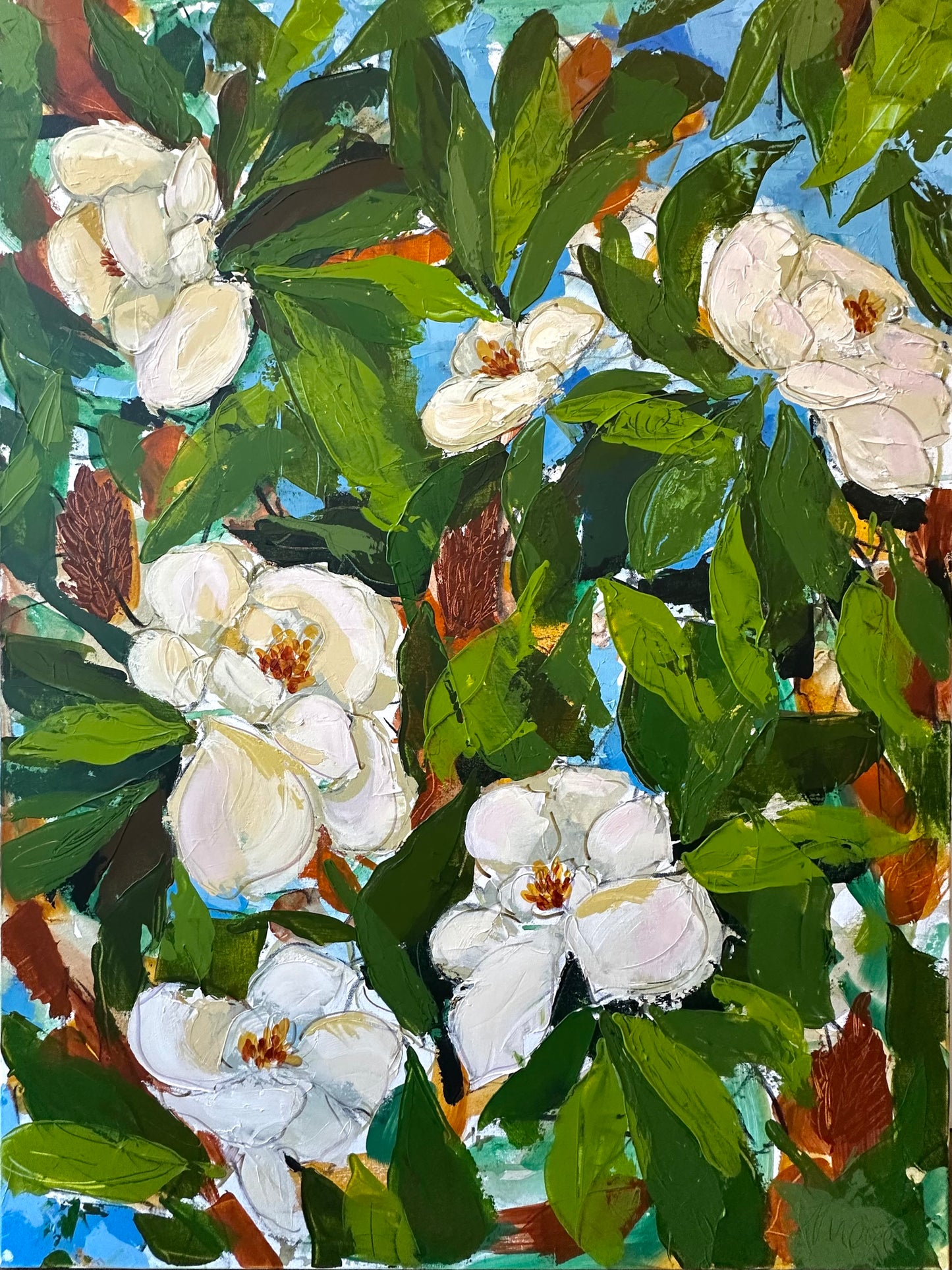 The Warmth of June, Original Mixed Media on Canvas of Magnolia Blooms