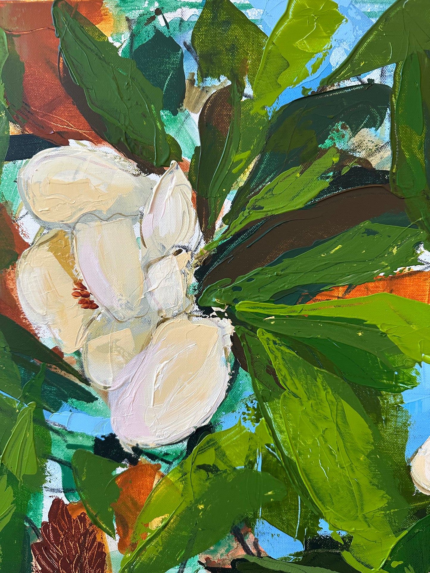 The Warmth of June, Original Mixed Media on Canvas of Magnolia Blooms