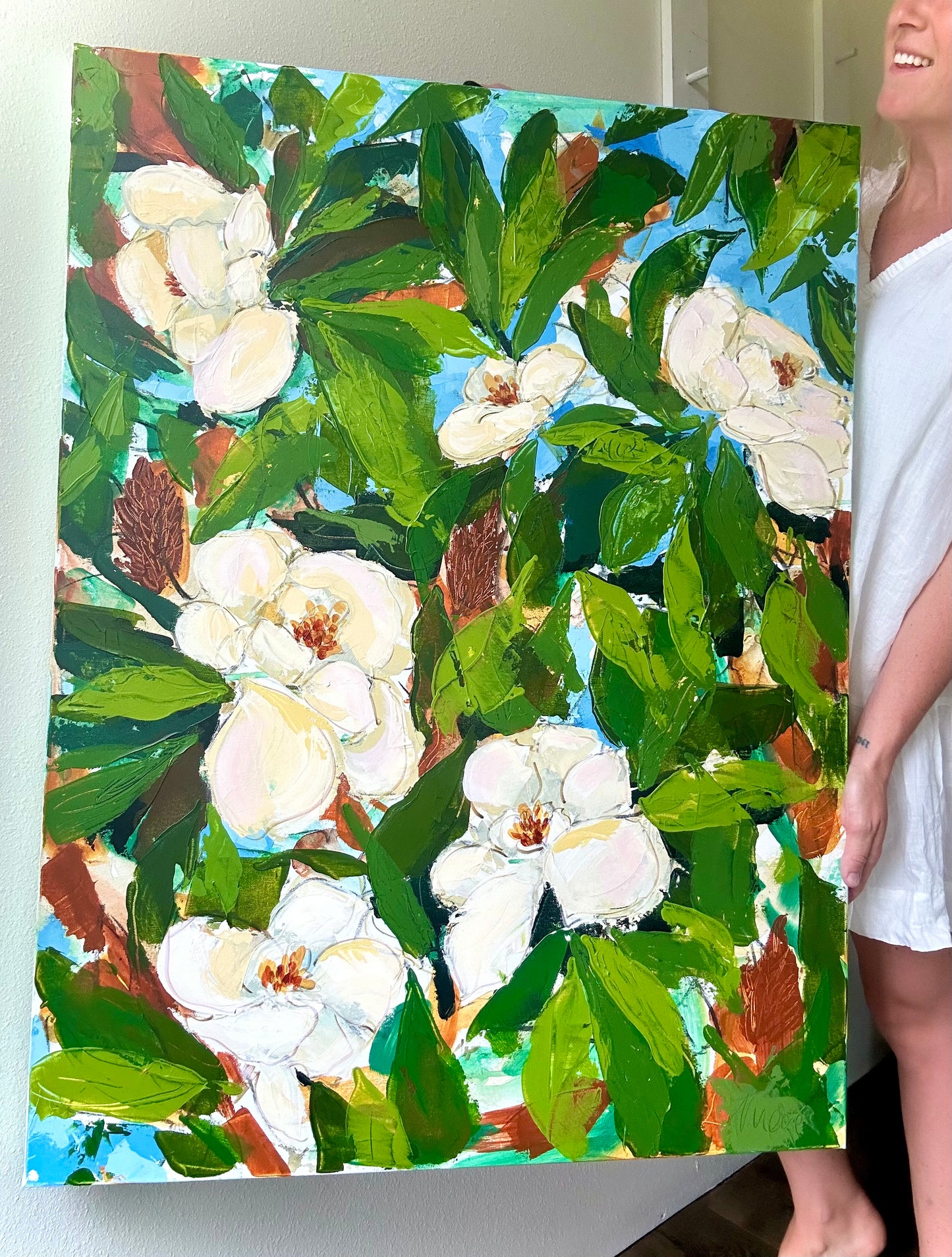 The Warmth of June, Original Mixed Media on Canvas of Magnolia Blooms